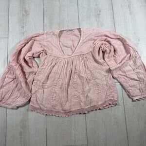 V De. Vinster Size XS Oversized Boho Blouse Pink Cotton Artisan Top Long Sleeve